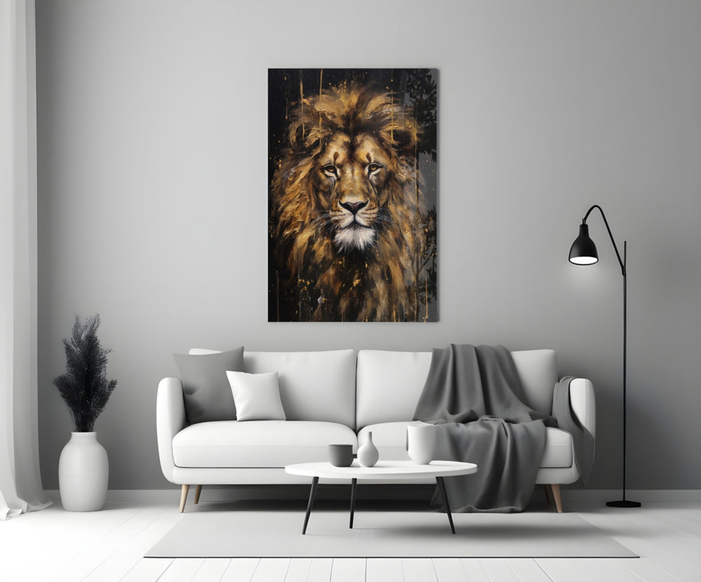 Gold-mane lion cinematic glass wall art in boutique-hotel lounge