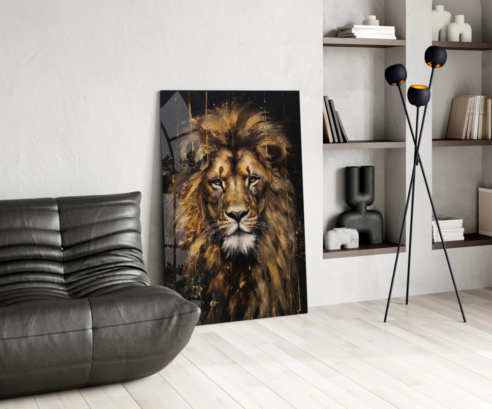 Regal lion cinematic glass wall art in glamorous library
