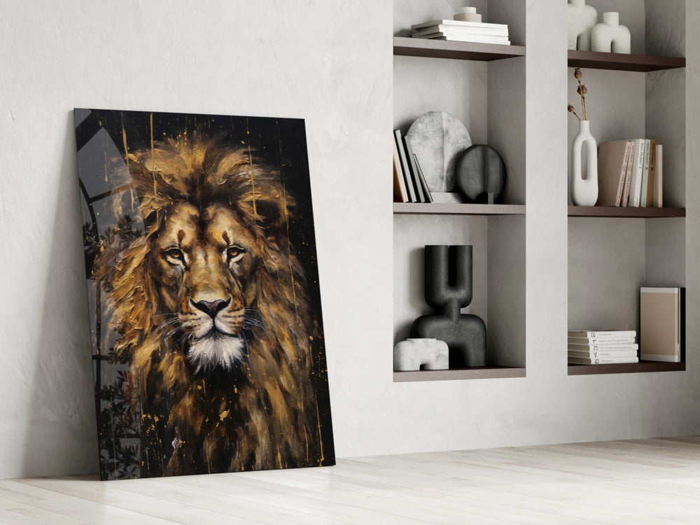 Painterly mane cinematic glass wall art over walnut sideboard in dining room