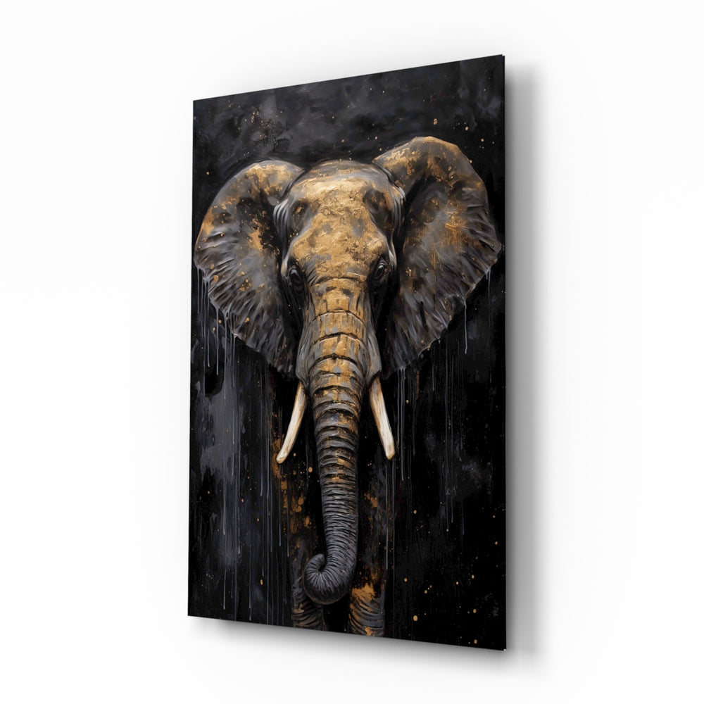Golden elephant oil portrait cinematic glass wall art above leather chair in gentleman's study