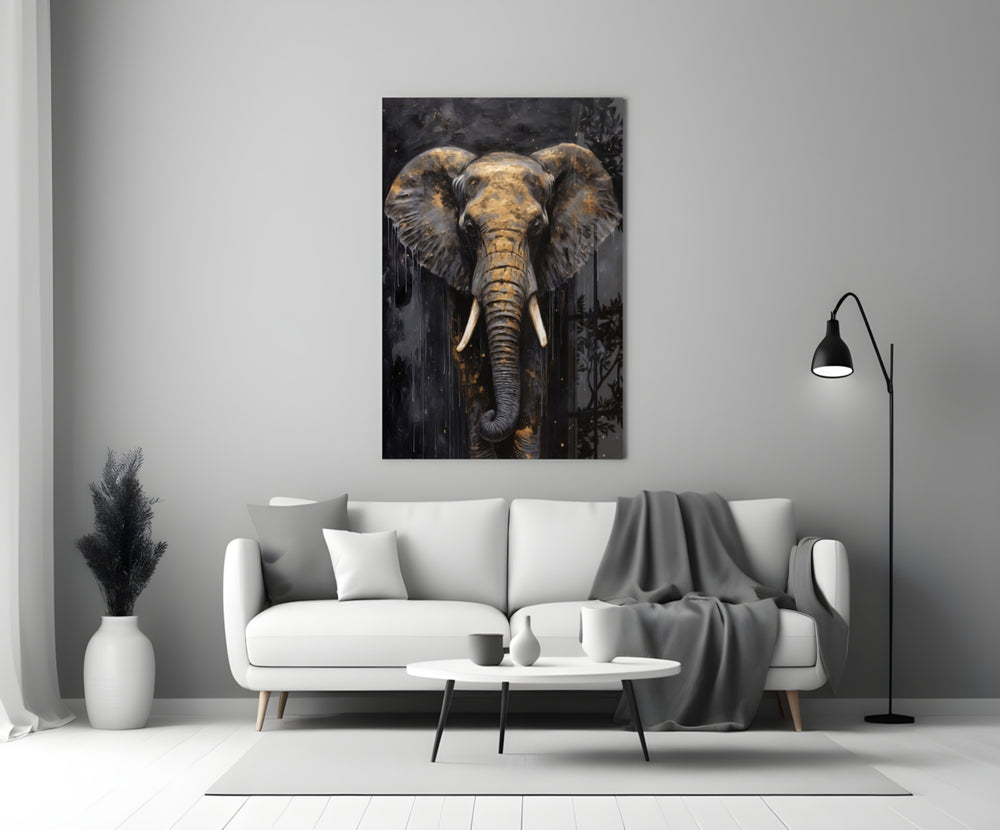 Gold-leaf elephant cinematic glass wall art in boutique-hotel lounge