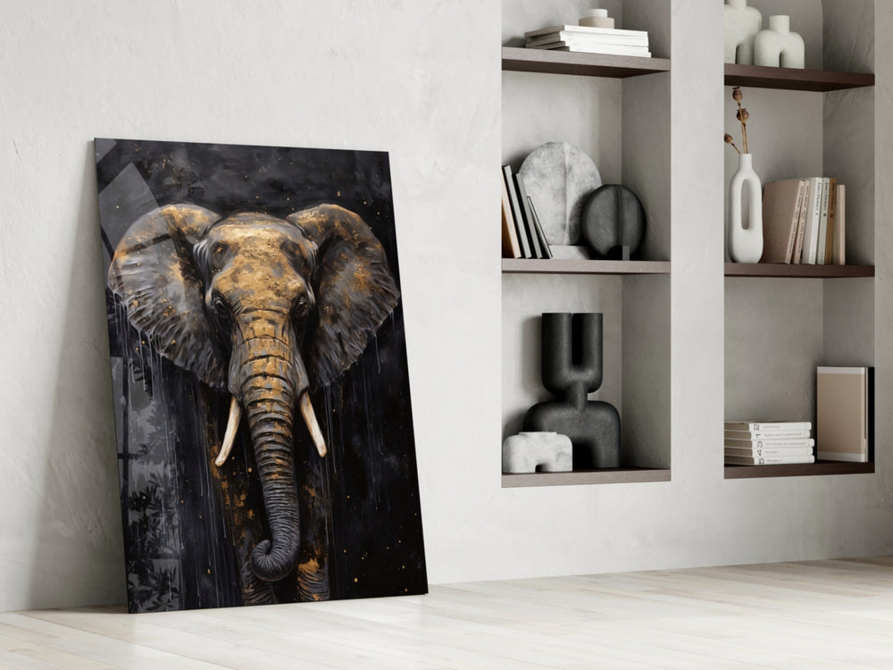 Painterly gilt elephant cinematic glass wall art over walnut sideboard in dining room