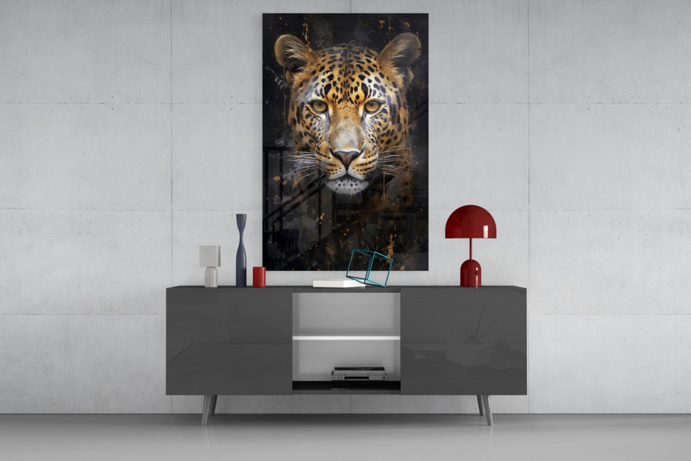 Fine-art leopard cinematic glass wall art beside modern bar console