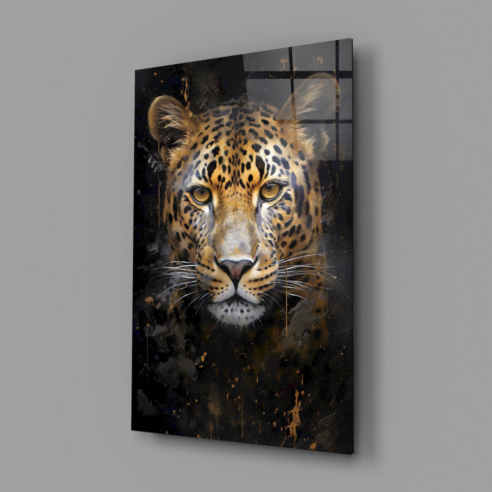 Photoreal big-cat cinematic glass wall art in designer-luxury entryway