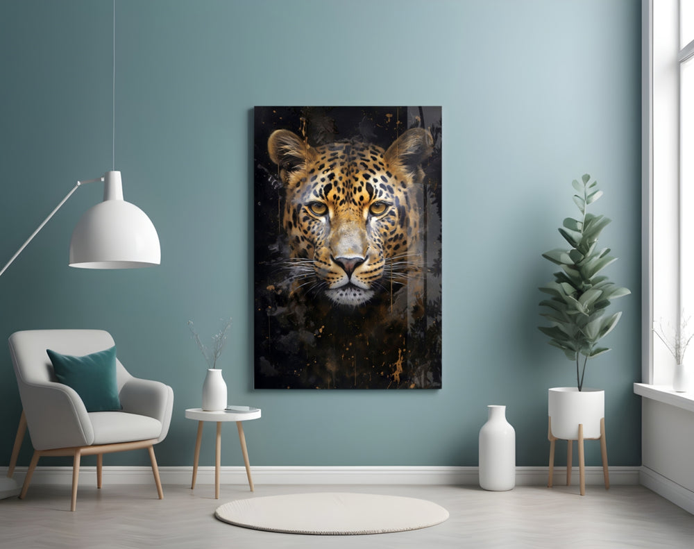 Honey-eyed leopard cinematic glass wall art over master-bedroom headboard