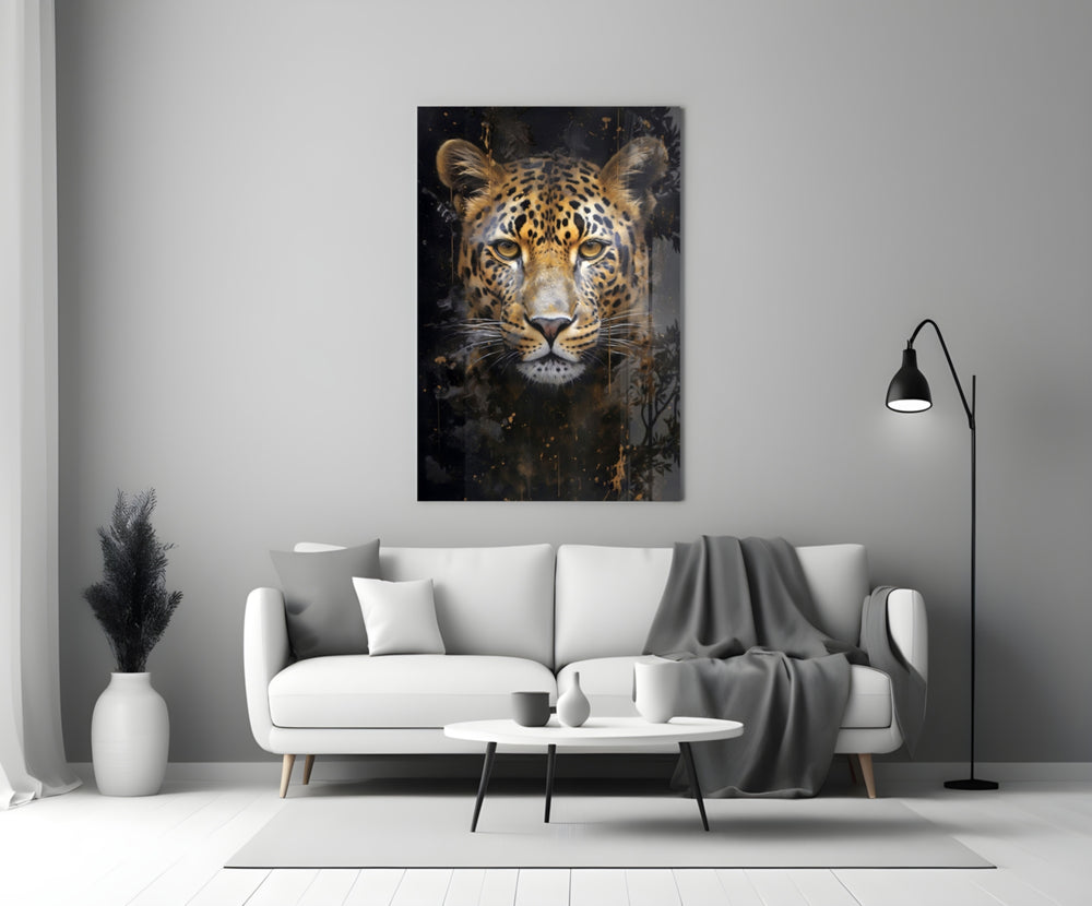 Wildlife leopard cinematic glass wall art in boutique-hotel lounge