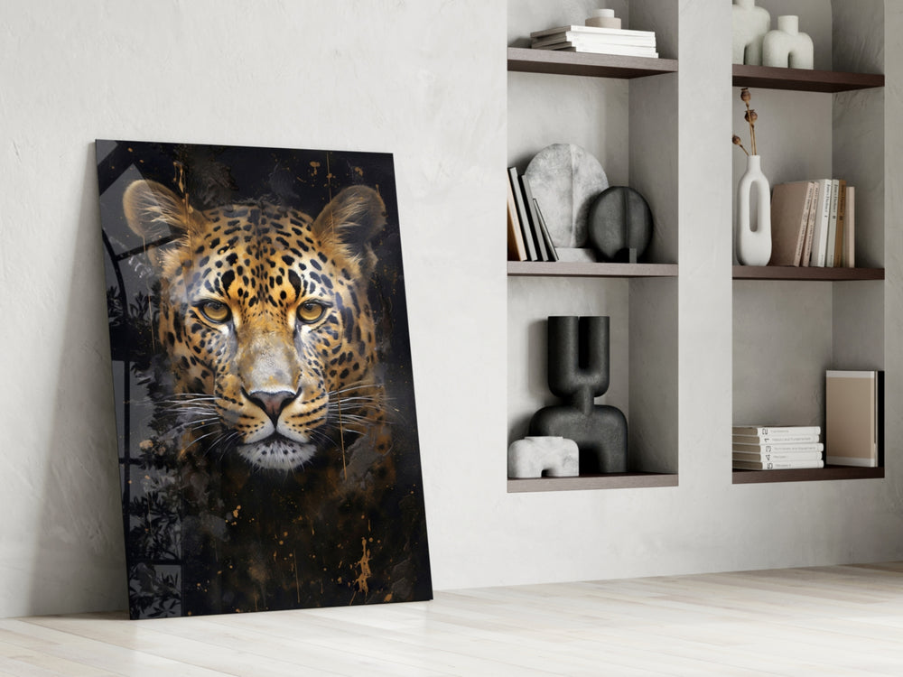 Photoreal leopard cinematic glass wall art over walnut sideboard in dining room