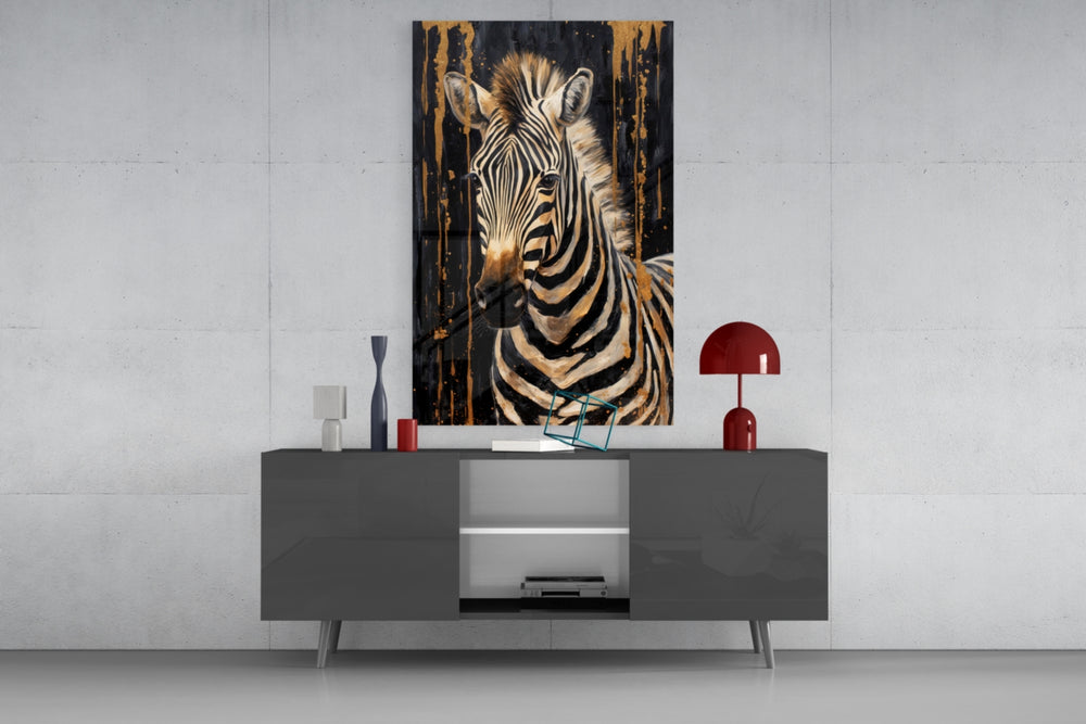 Gold-foil safari cinematic glass wall art in country-house library