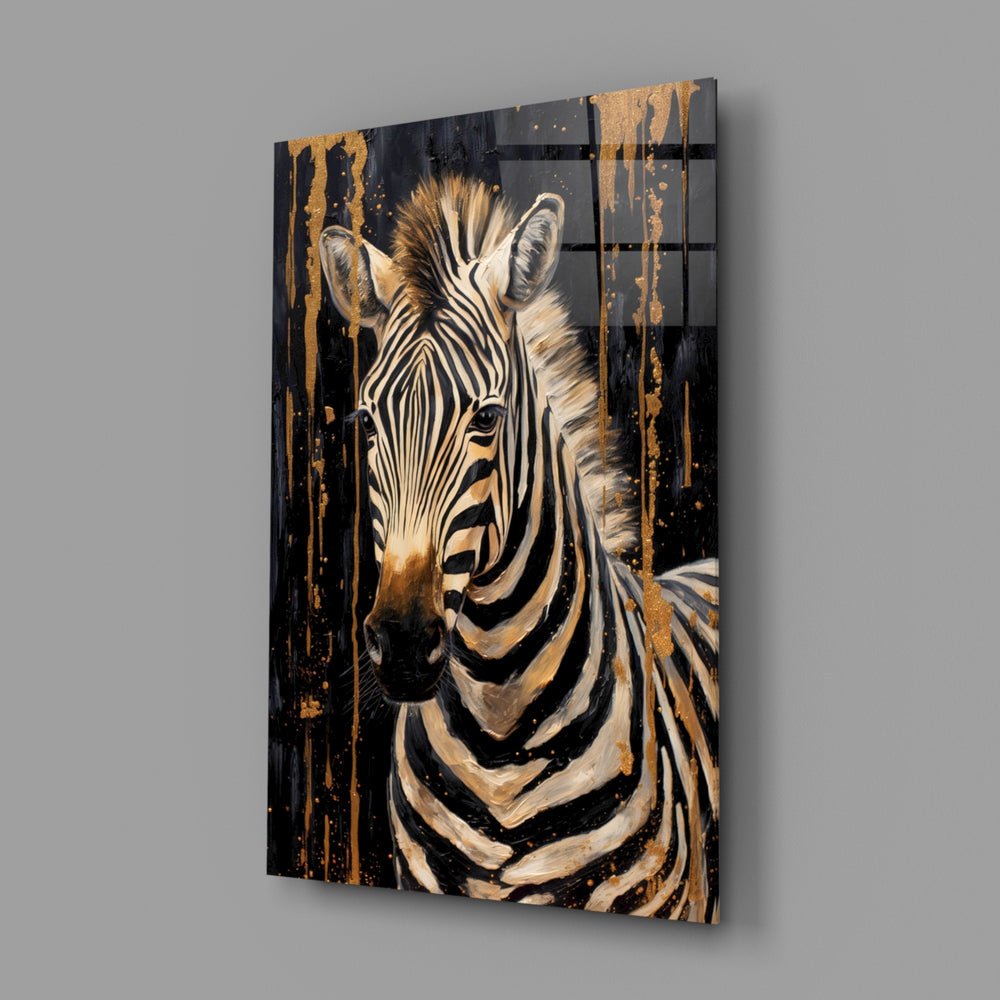 Luxury wildlife zebra cinematic glass wall art over walnut console in glamorous study