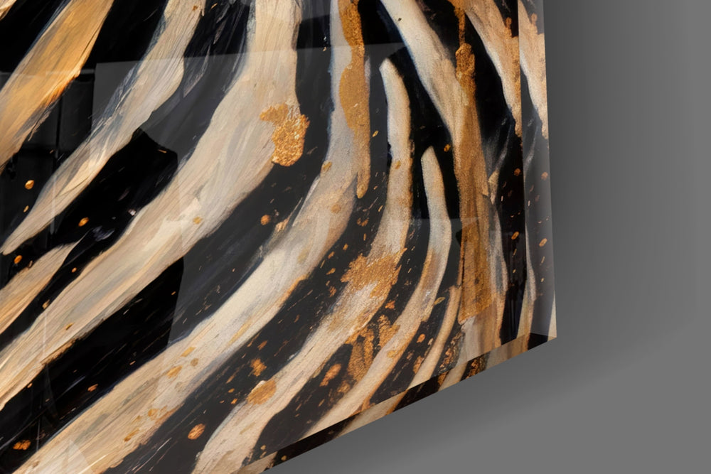 Charcoal-and-gold zebra cinematic glass wall art over modern dining sideboard