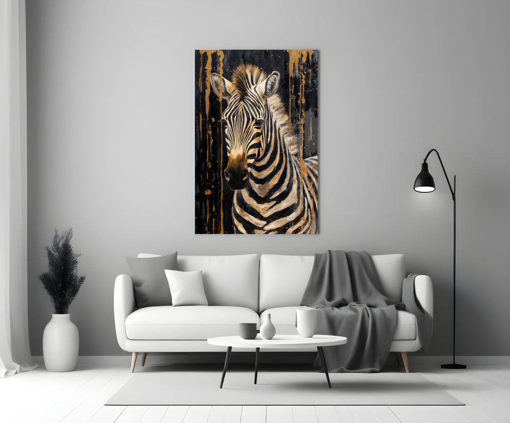 Safari-luxury zebra cinematic glass wall art in boutique-hotel lounge