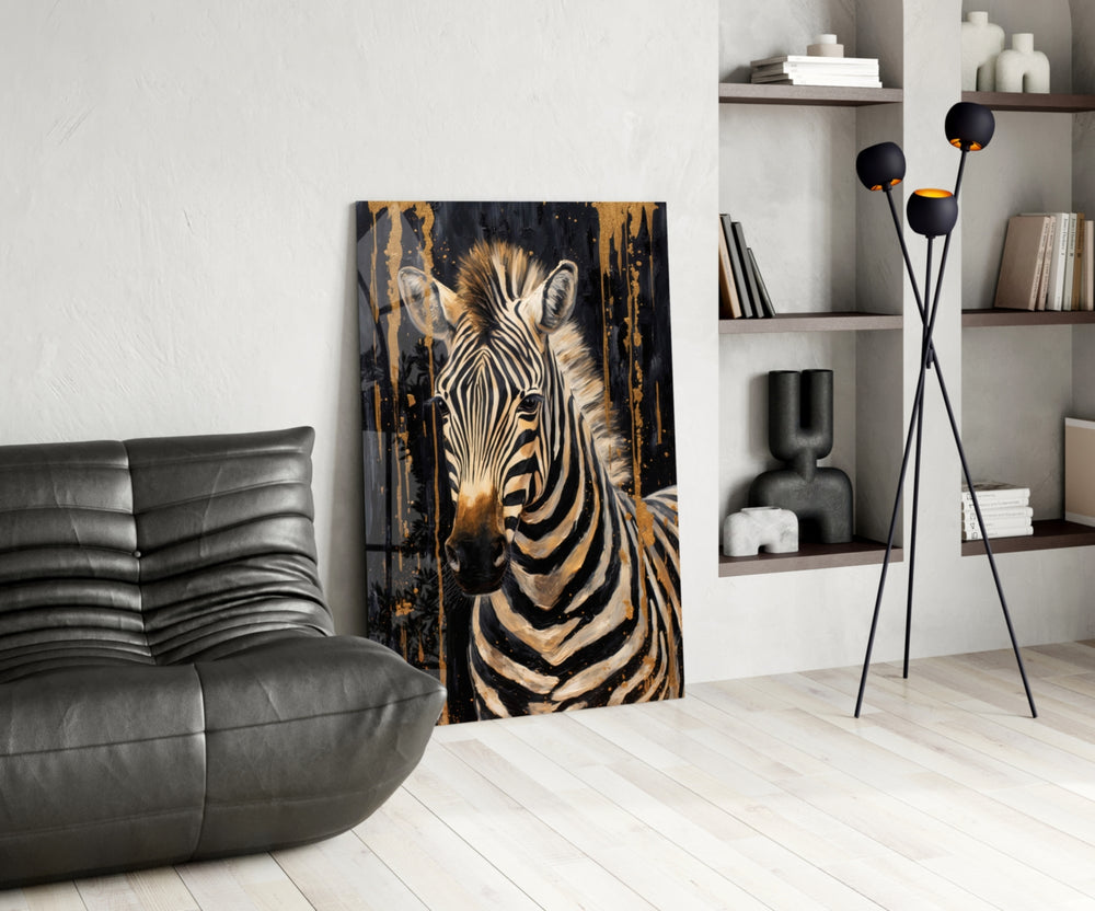Painterly zebra cinematic glass wall art over master-bedroom headboard