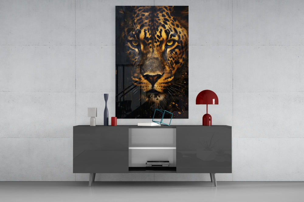 Cinematic leopard glass wall art beside modern bar console