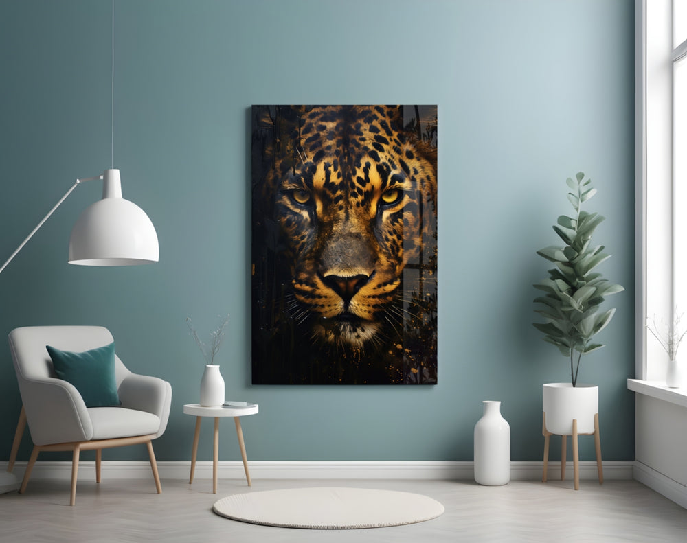 Amber-rim leopard cinematic glass wall art over master-bedroom headboard