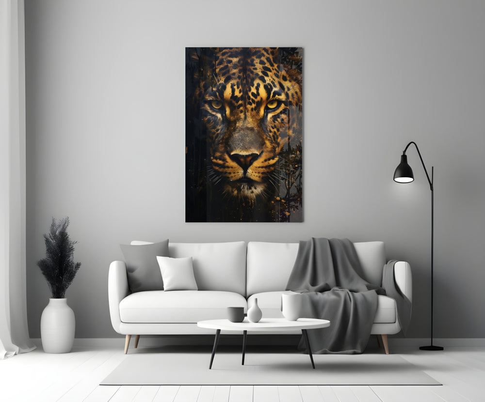 Painterly big-cat cinematic glass wall art in boutique-hotel lounge