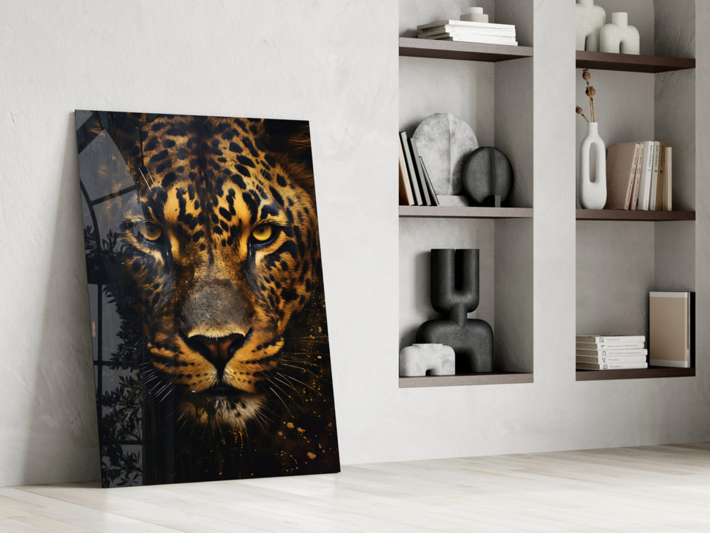 Painterly leopard cinematic glass wall art over walnut sideboard in dining room