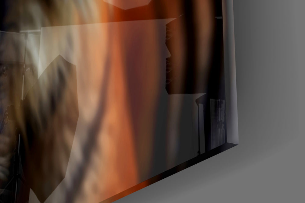 Bared-fang tiger cinematic glass wall art over modern bar cabinet