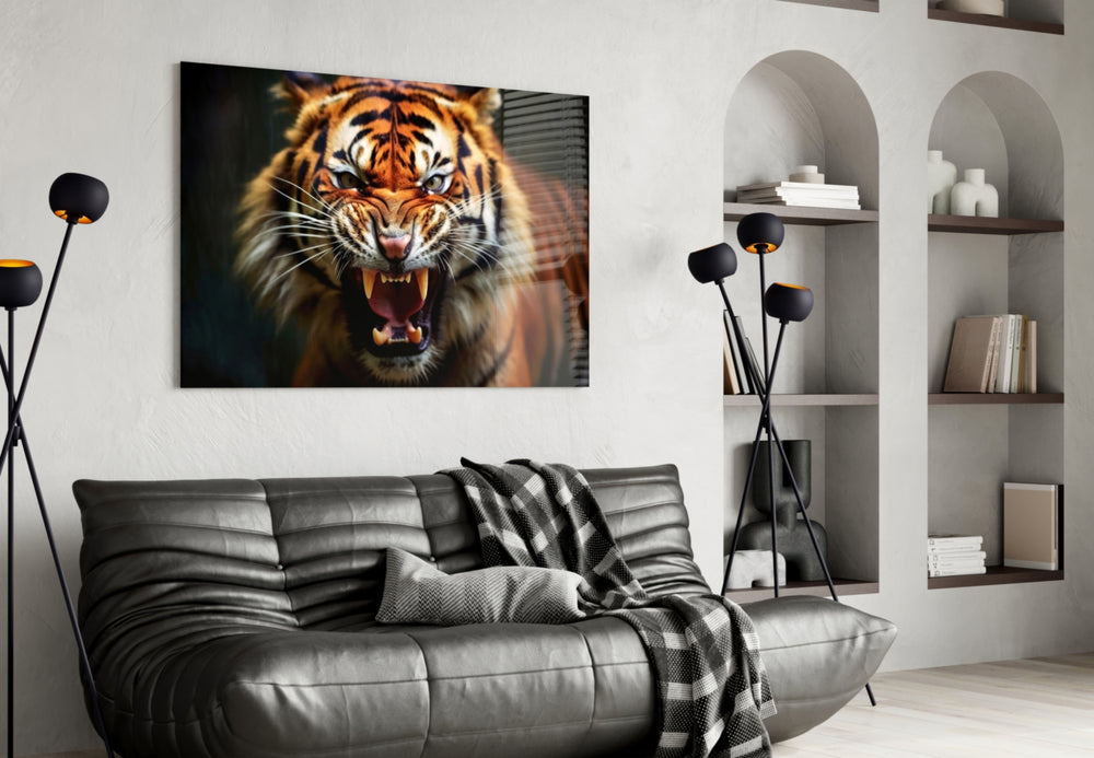 Roaring tiger cinematic glass wall art in heritage trophy room