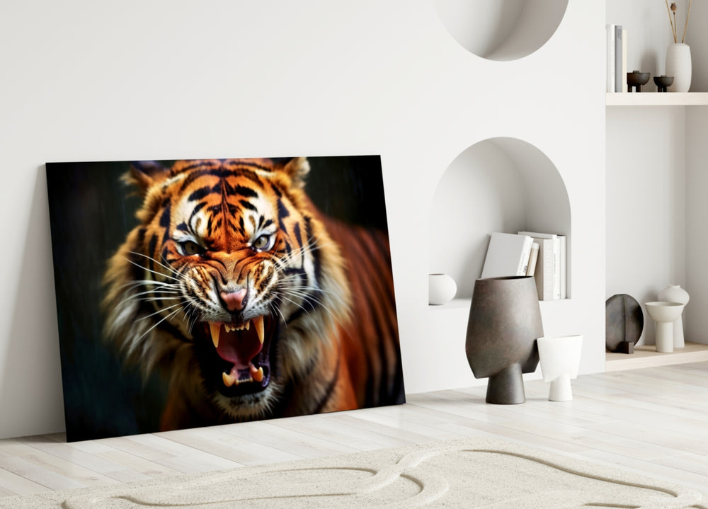 Bengal-tiger close-up cinematic glass wall art in designer-luxury entryway