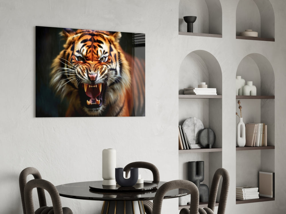 Documentary tiger cinematic glass wall art over master-bedroom headboard