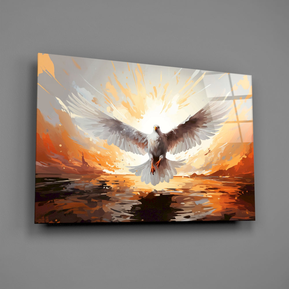 Devotional dove-of-peace glass wall art in chapel corner