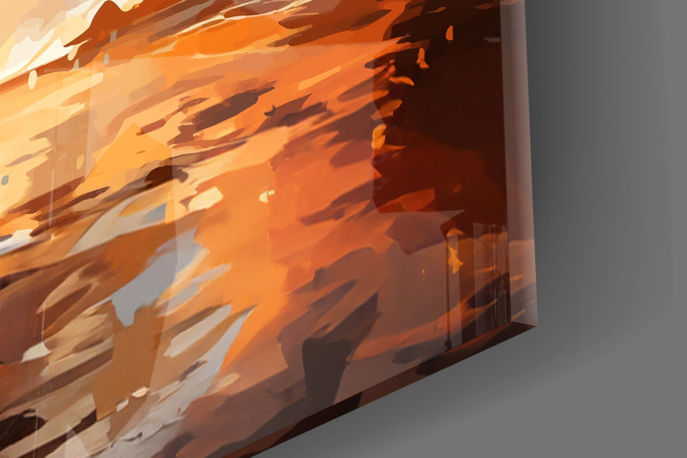Christian art cinematic glass wall art over walnut sideboard in dining room