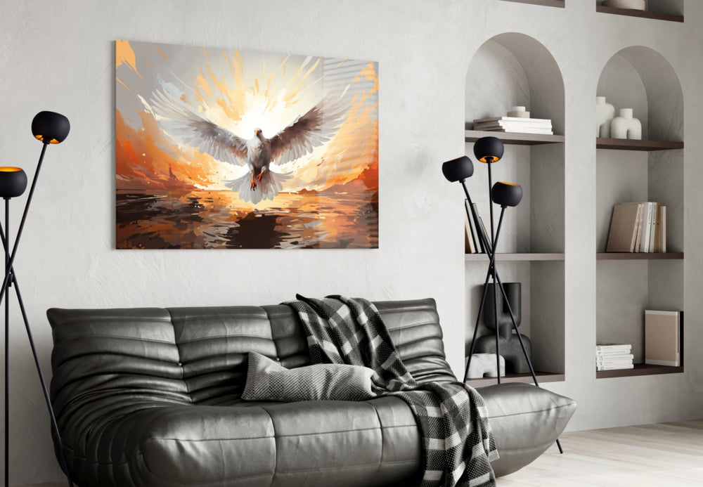 Glory-light dove cinematic glass wall art over linen sofa in serene living room
