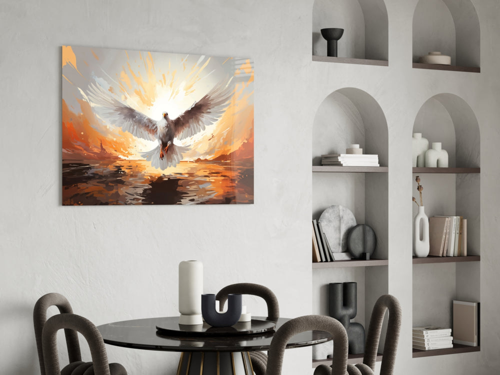 Holy-Spirit dove cinematic glass wall art over master-bedroom headboard