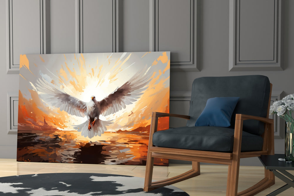 Painterly sunrise dove cinematic glass wall art in family parlor