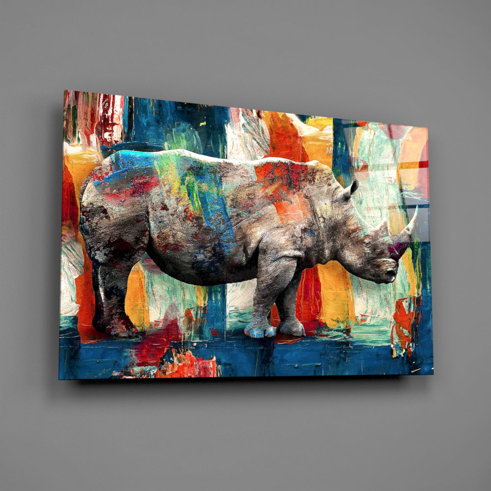 Modernist wildlife rhino cinematic glass wall art over walnut console in creative office