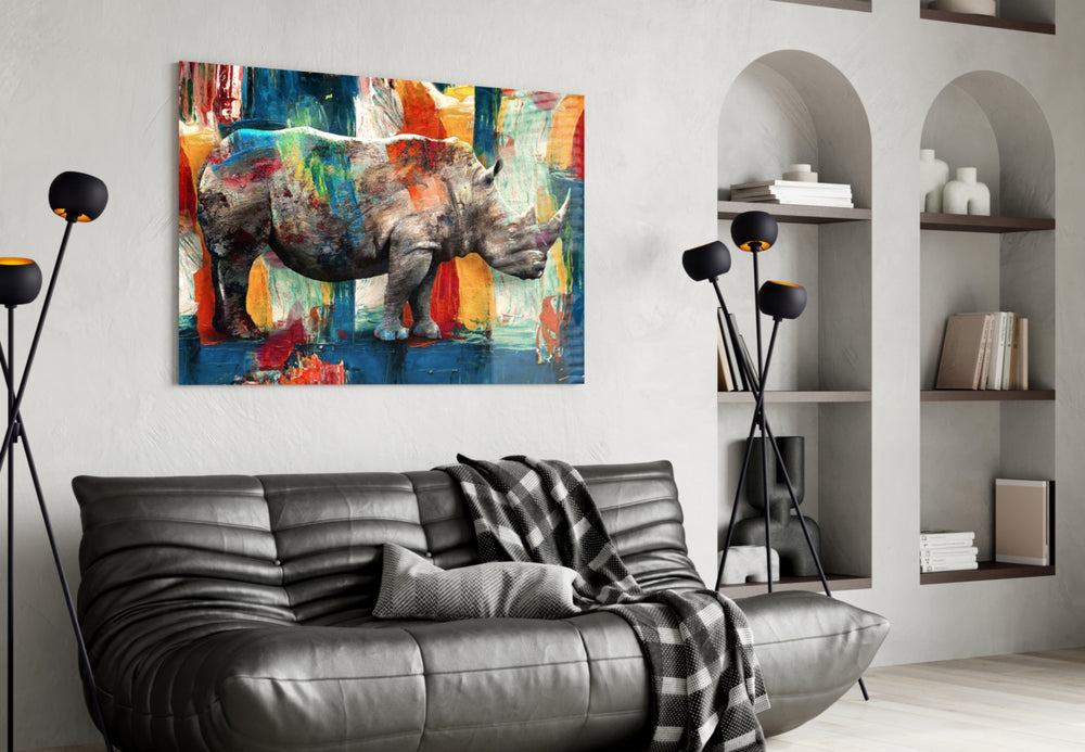 Color-block wildlife cinematic glass wall art in boutique-hotel reception