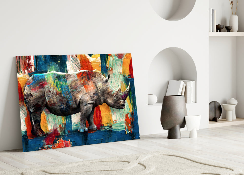 Brushstroke rhino cinematic glass wall art in art-loft entry hallway