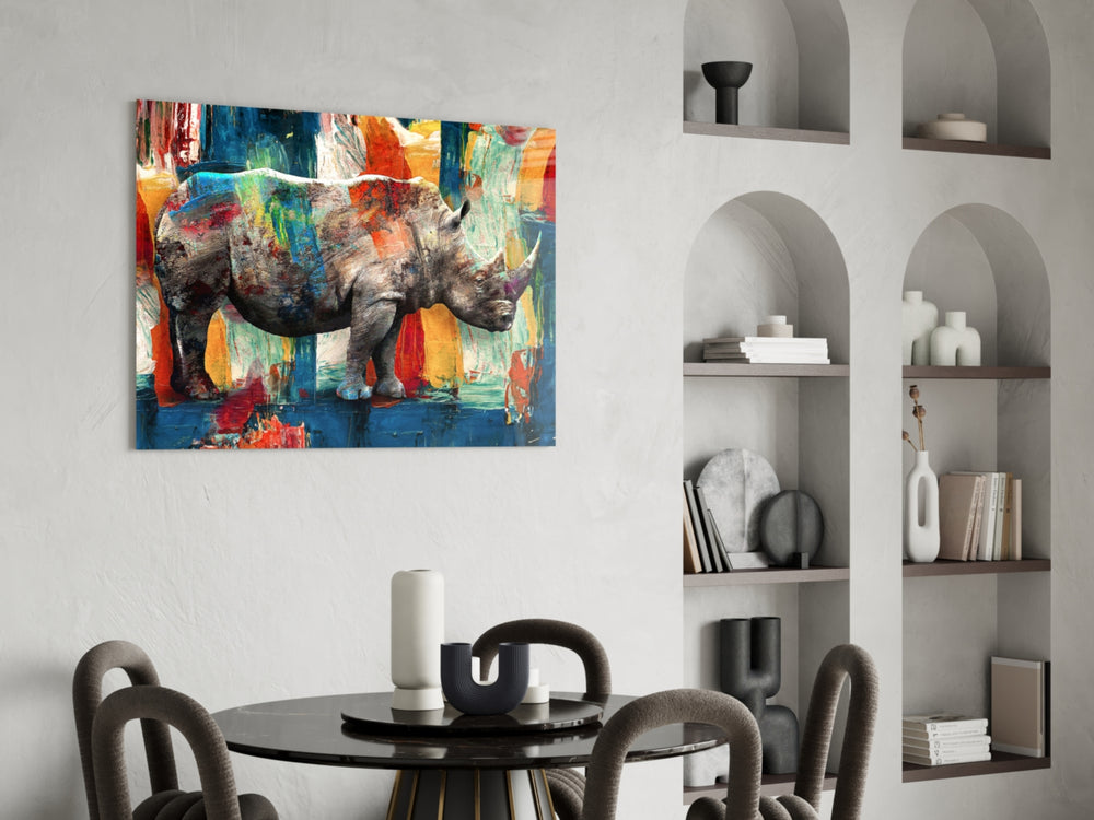 Painterly rhinoceros cinematic glass wall art over master-bedroom headboard