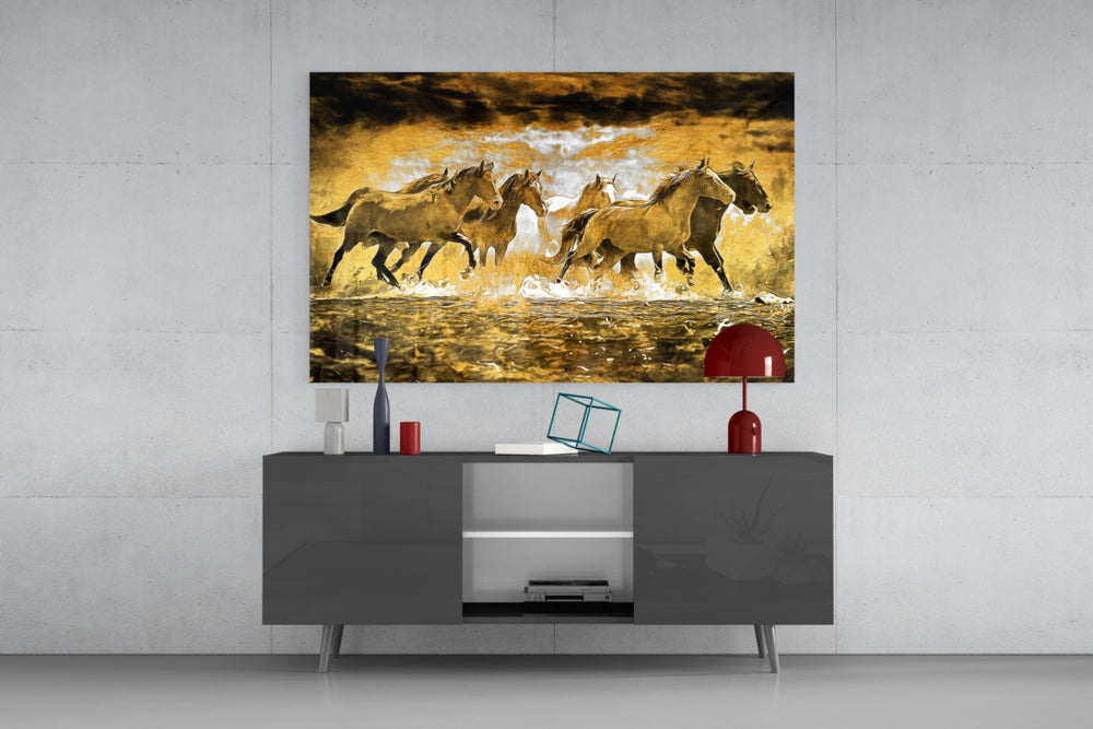Western-painting cinematic glass wall art in country-house entry