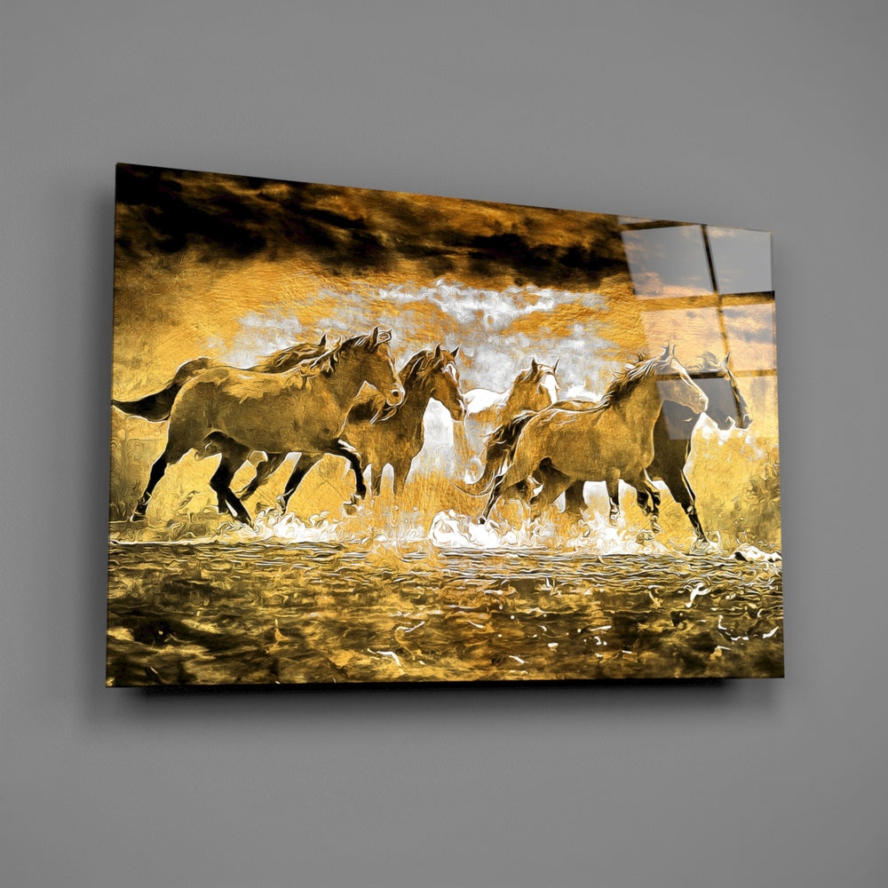 Western frontier herd glass wall art over walnut console in equestrian study