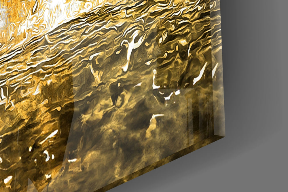 Painterly horse-and-water cinematic glass wall art over modern dining sideboard