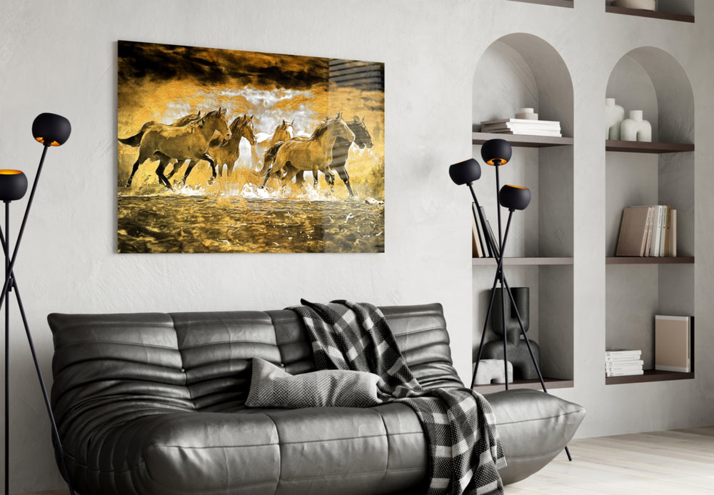 Sepia-amber horses cinematic glass wall art in Western-themed entryway
