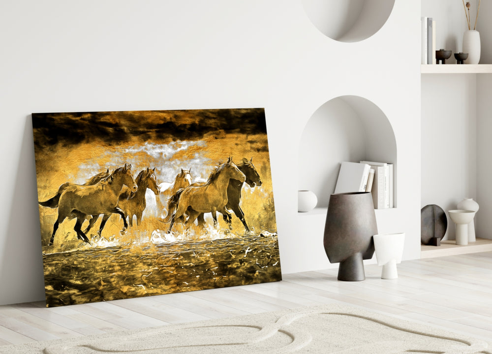 Painterly herd cinematic glass wall art in heritage hallway