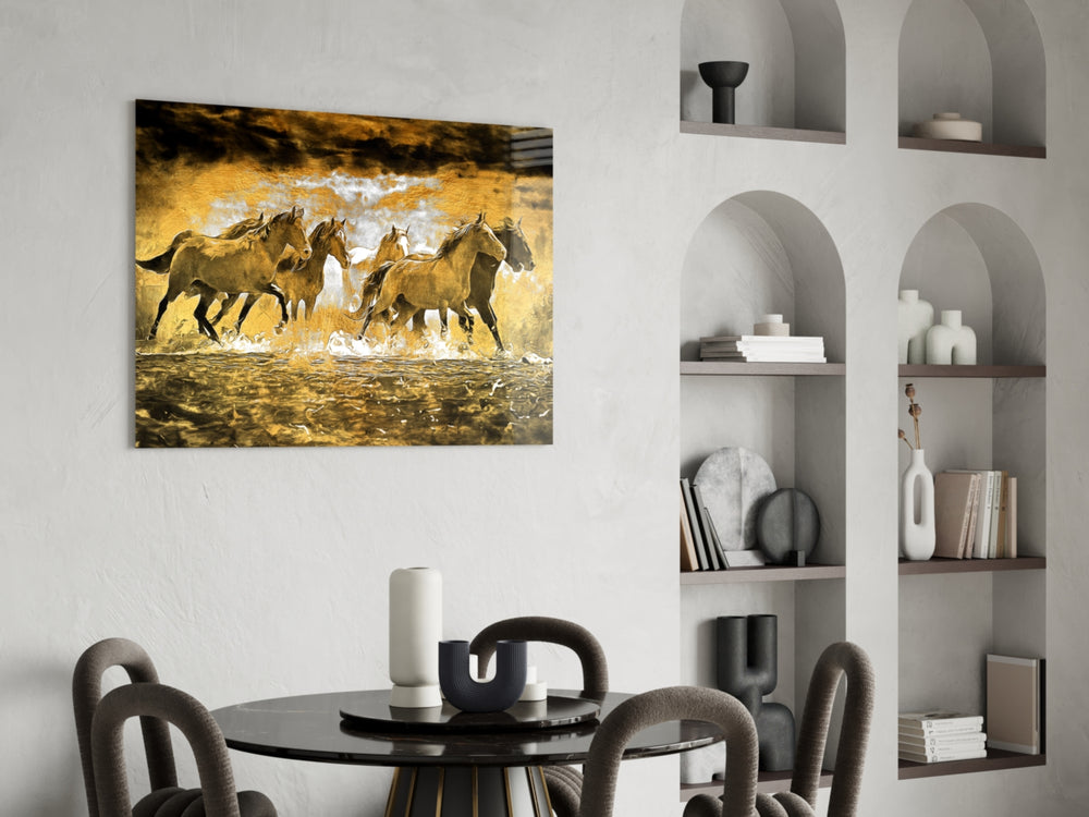 Charging-herd cinematic glass wall art over master-bedroom headboard