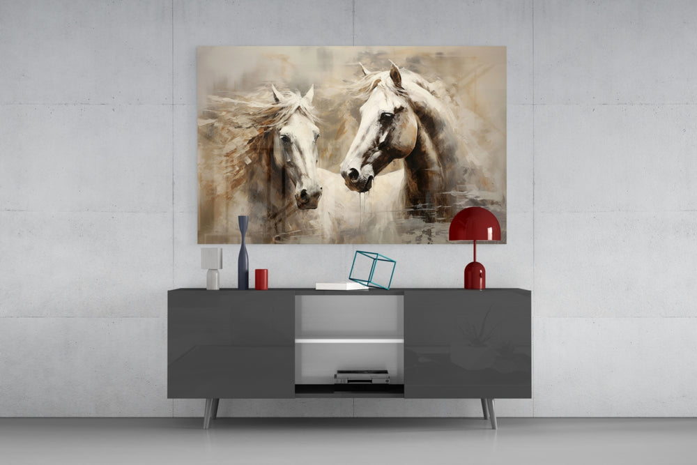 Romantic equine oil cinematic glass wall art in country-house entry