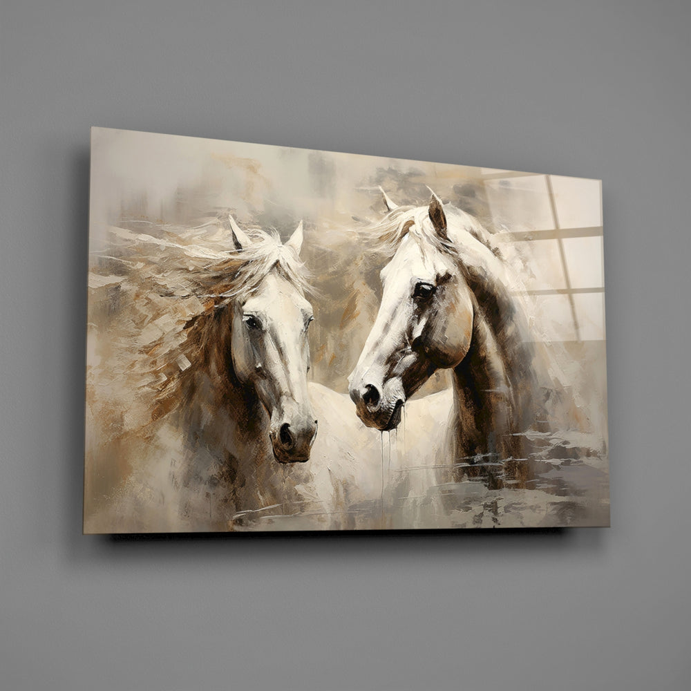 Romantic equine pair glass wall art over walnut console in equestrian study
