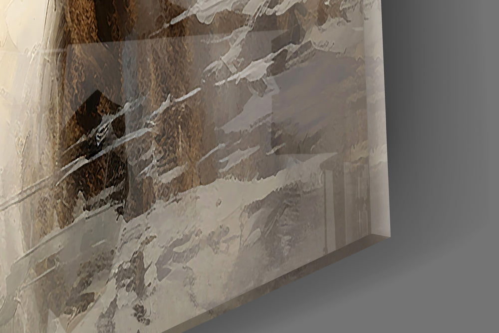 Painterly white-horse cinematic glass wall art over modern dining sideboard