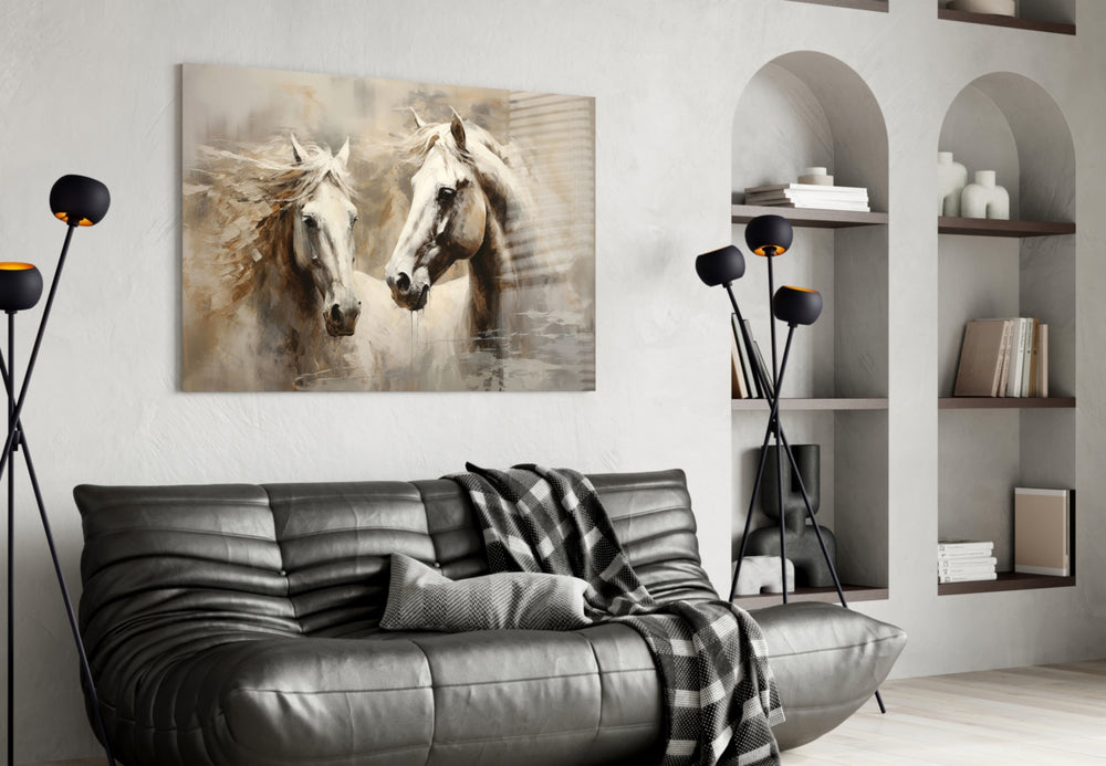Painterly stallion-and-mare cinematic glass wall art in glamorous bedroom