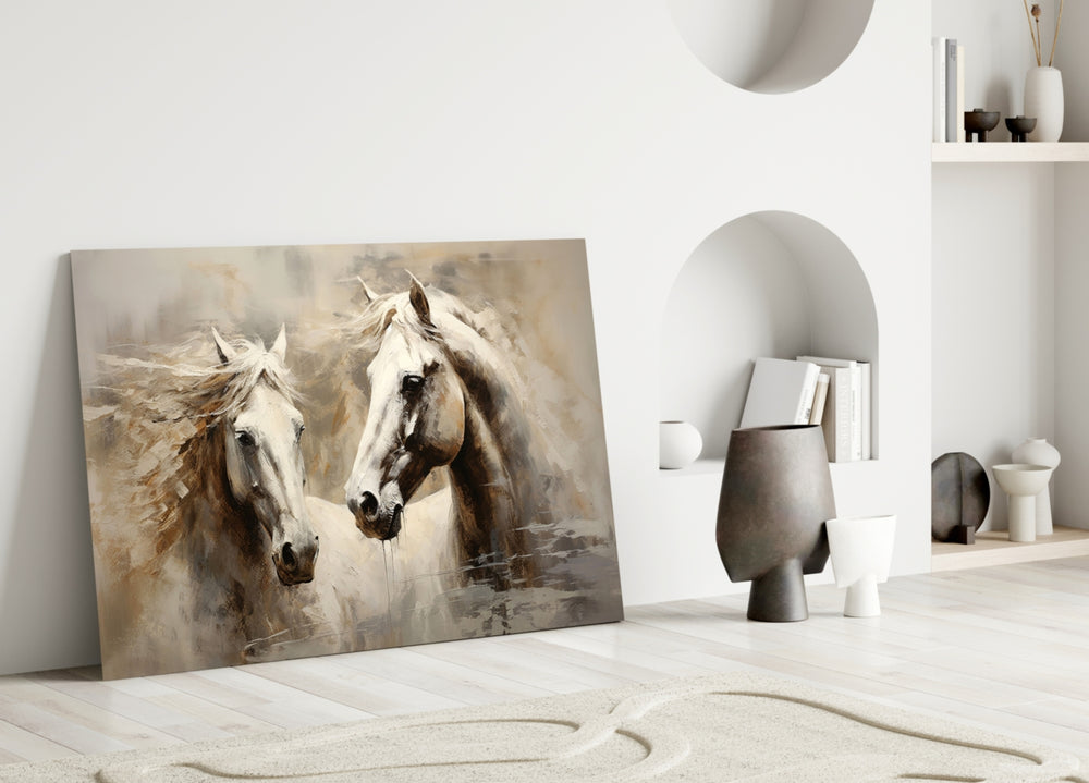 Paired-horses oil cinematic glass wall art in heritage hallway