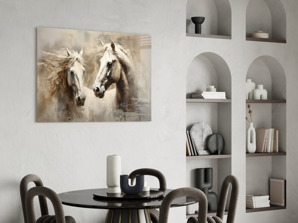 Stubbs-style equine cinematic glass wall art over master-bedroom headboard
