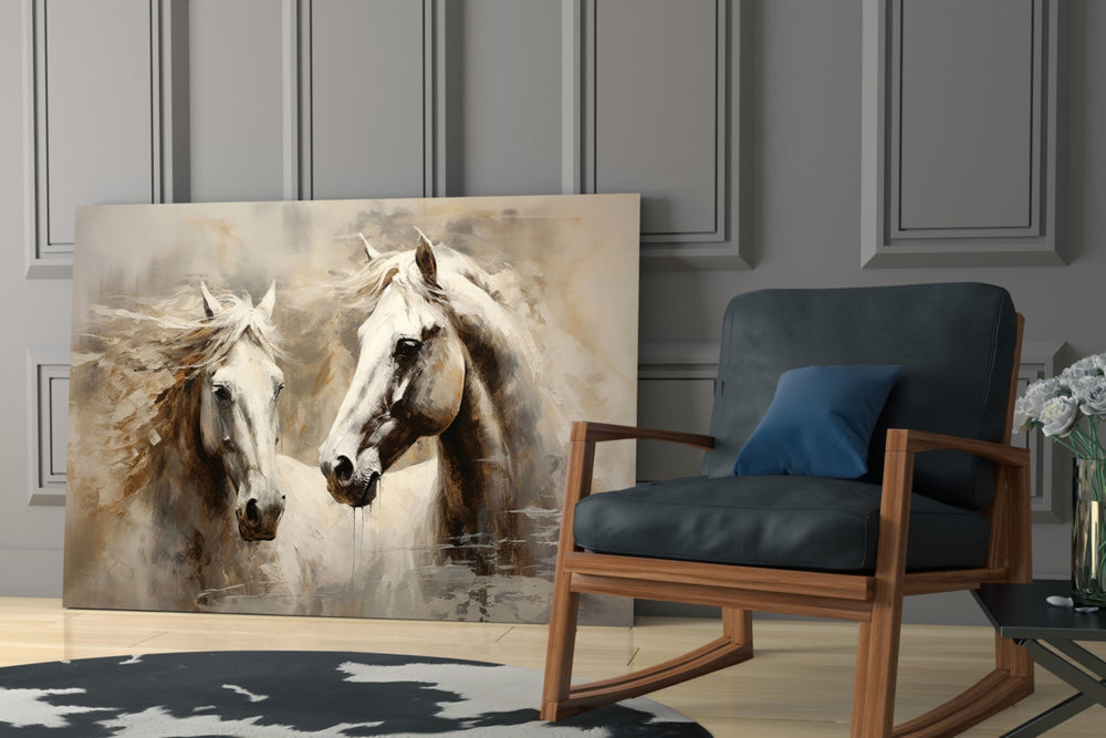 Sepia-haze horses cinematic glass wall art in country-club library