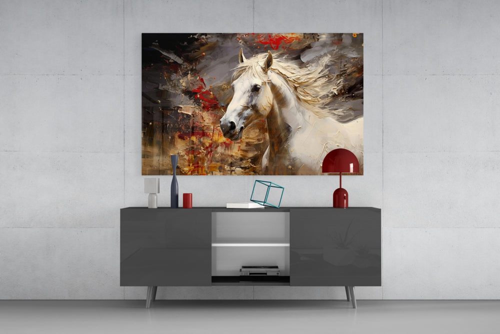 Romantic horse oil cinematic glass wall art in country-house entry