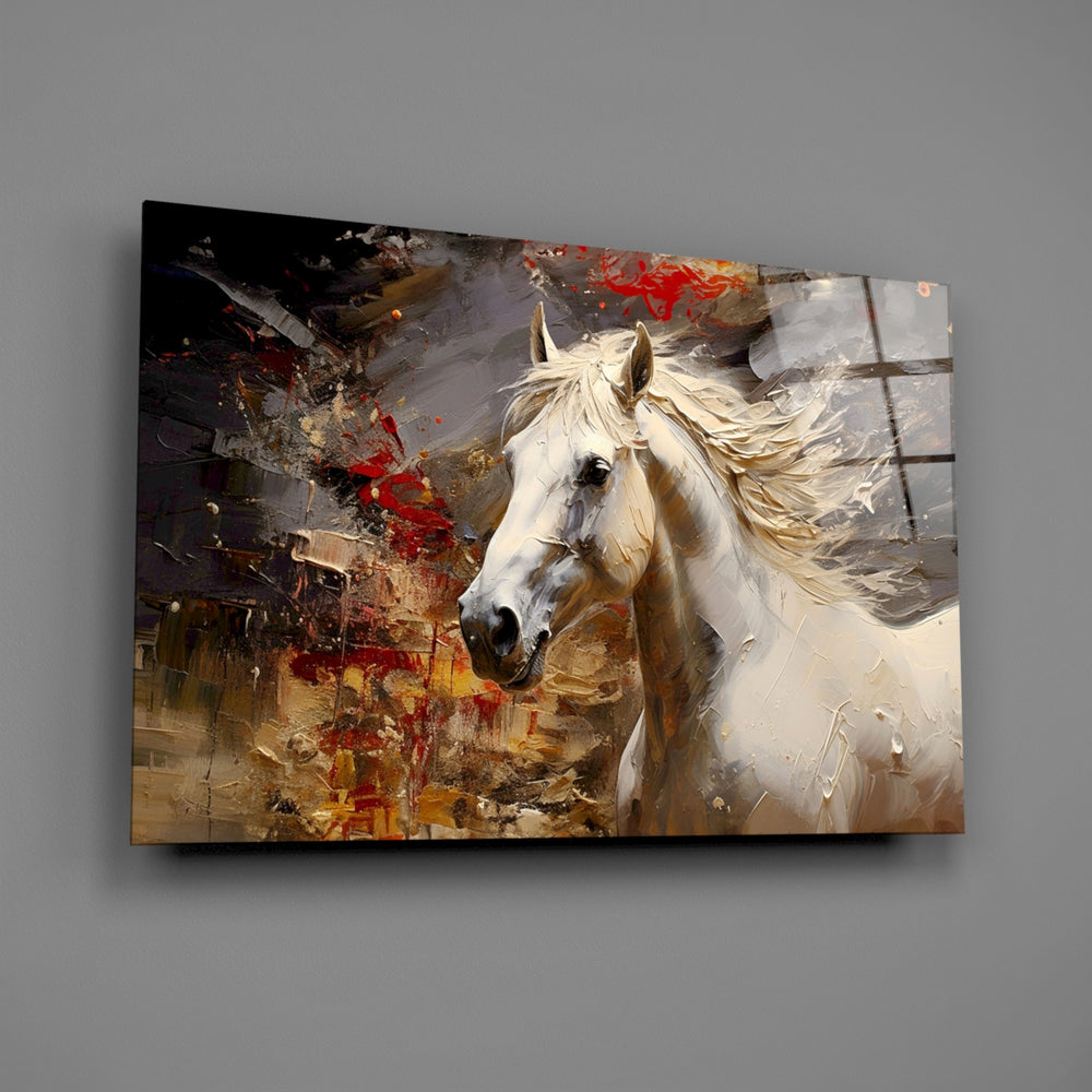 Romantic equine oil glass wall art over walnut console in designer-luxury entryway