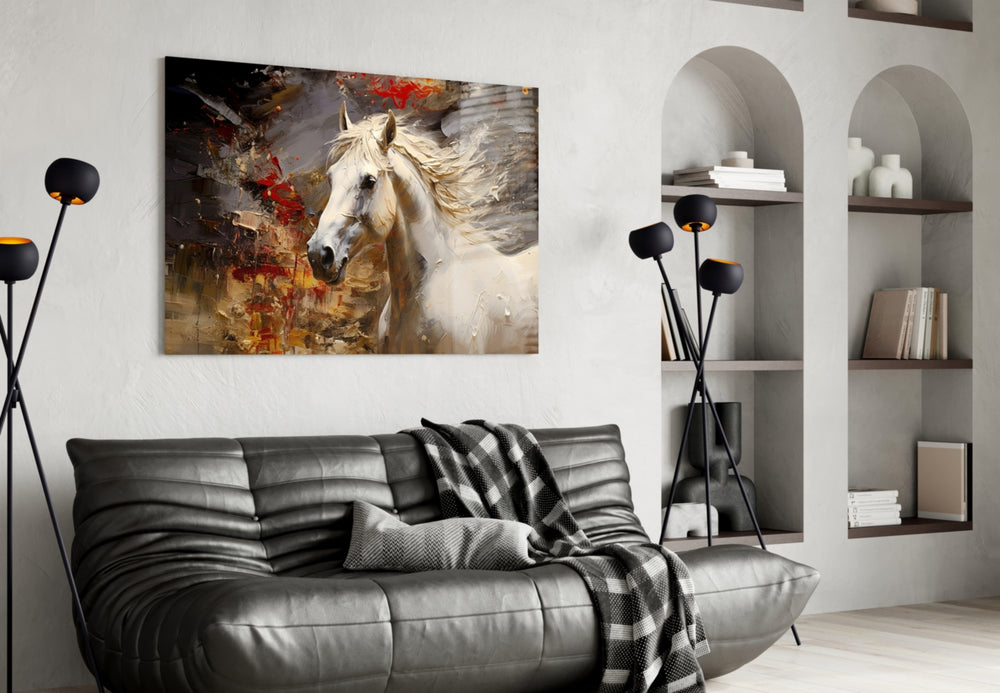 Géricault-style horse cinematic glass wall art in glamorous library
