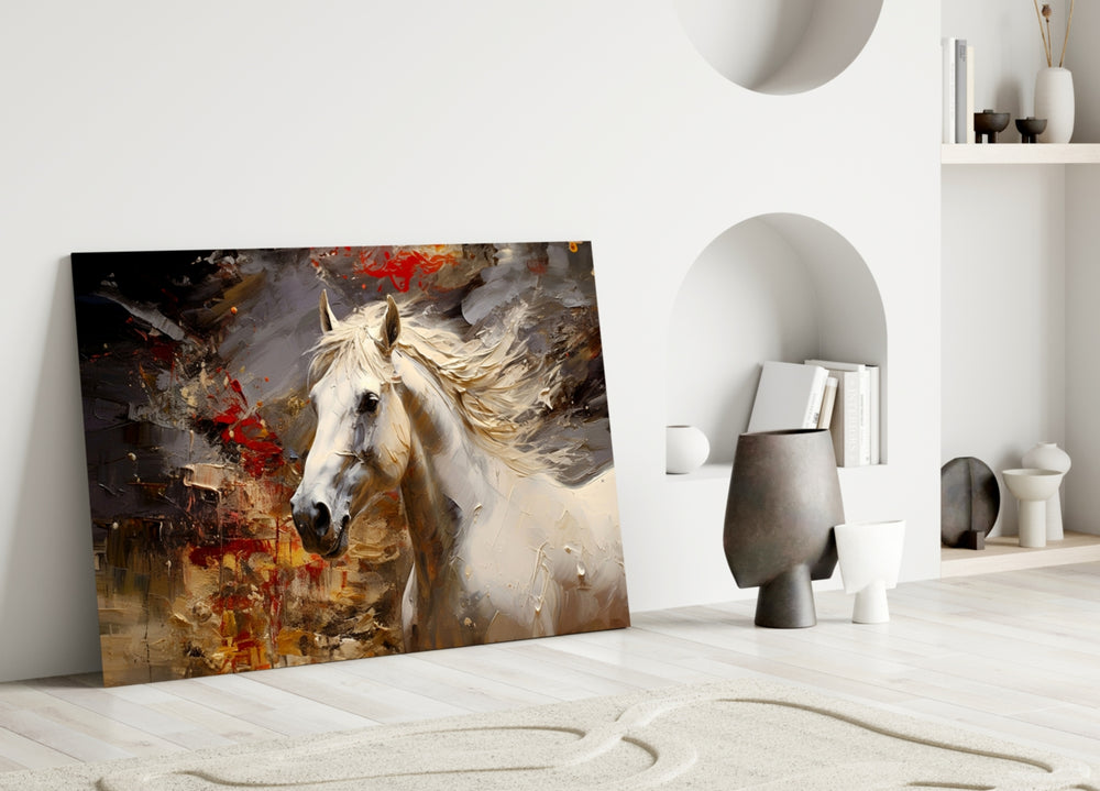 Cinematic stallion cinematic glass wall art in heritage hallway